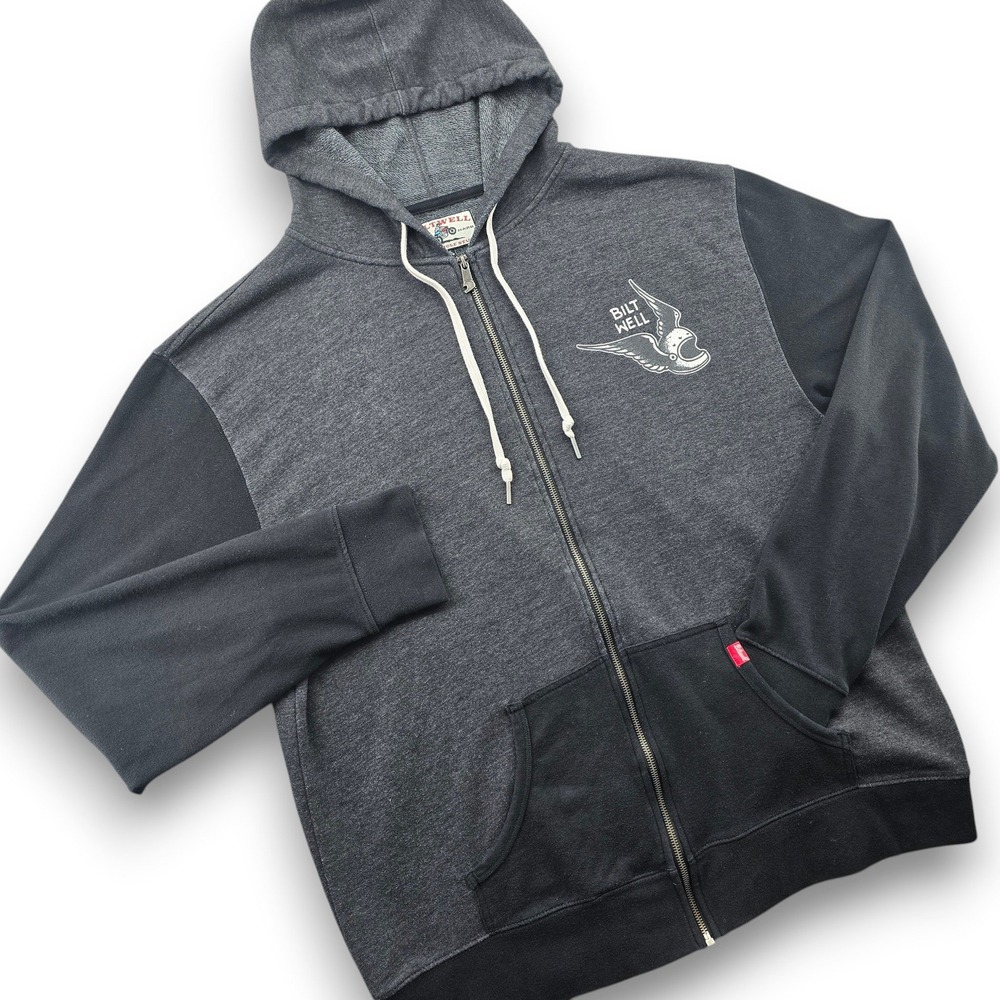 Biltwell Mens XXL Zip Up Hoodie Charcoal Black Colorblock Motorcycle Fleece XL